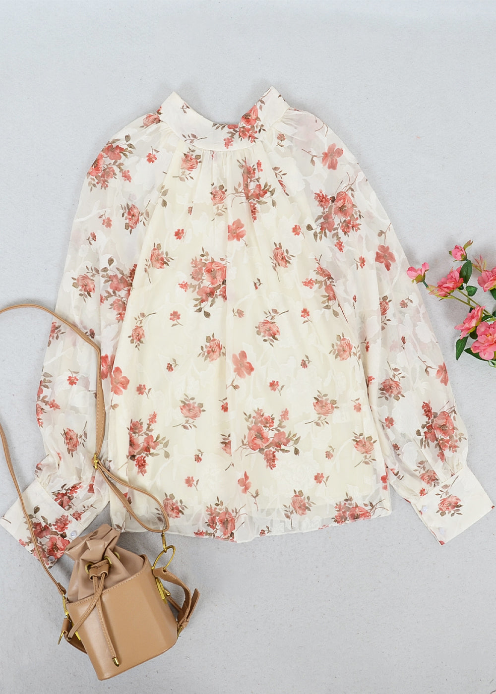 Multi-Floral Pattern Bishop Sleeve Blouse