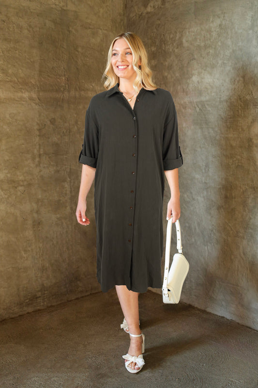 Solid Button Down Shirt Dress