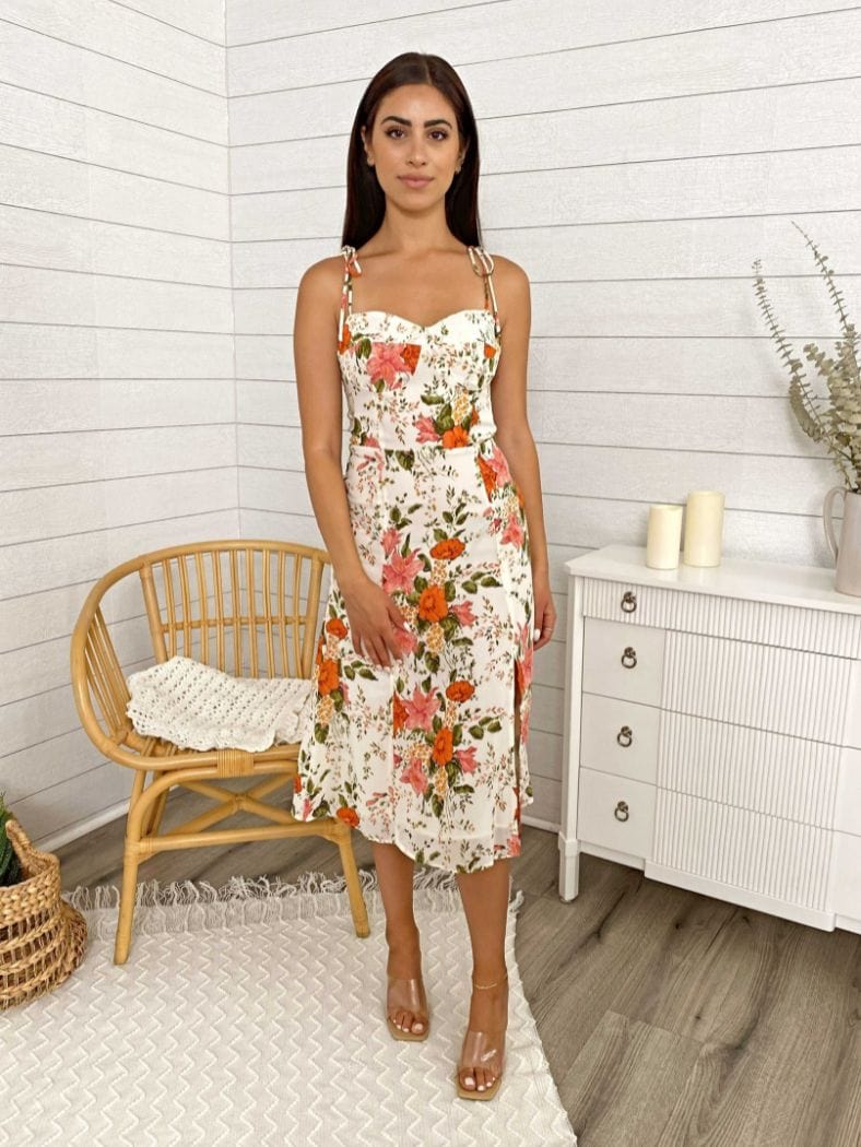 Shoulder Tying Sweetheart Floral Printed Leg Slit Midi Dress