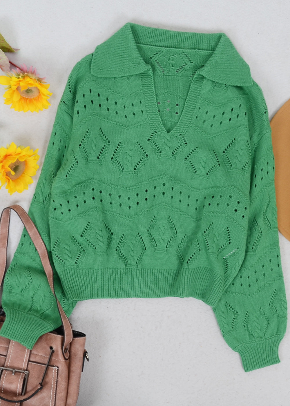 Solid Color Eyelet Knit Sweater