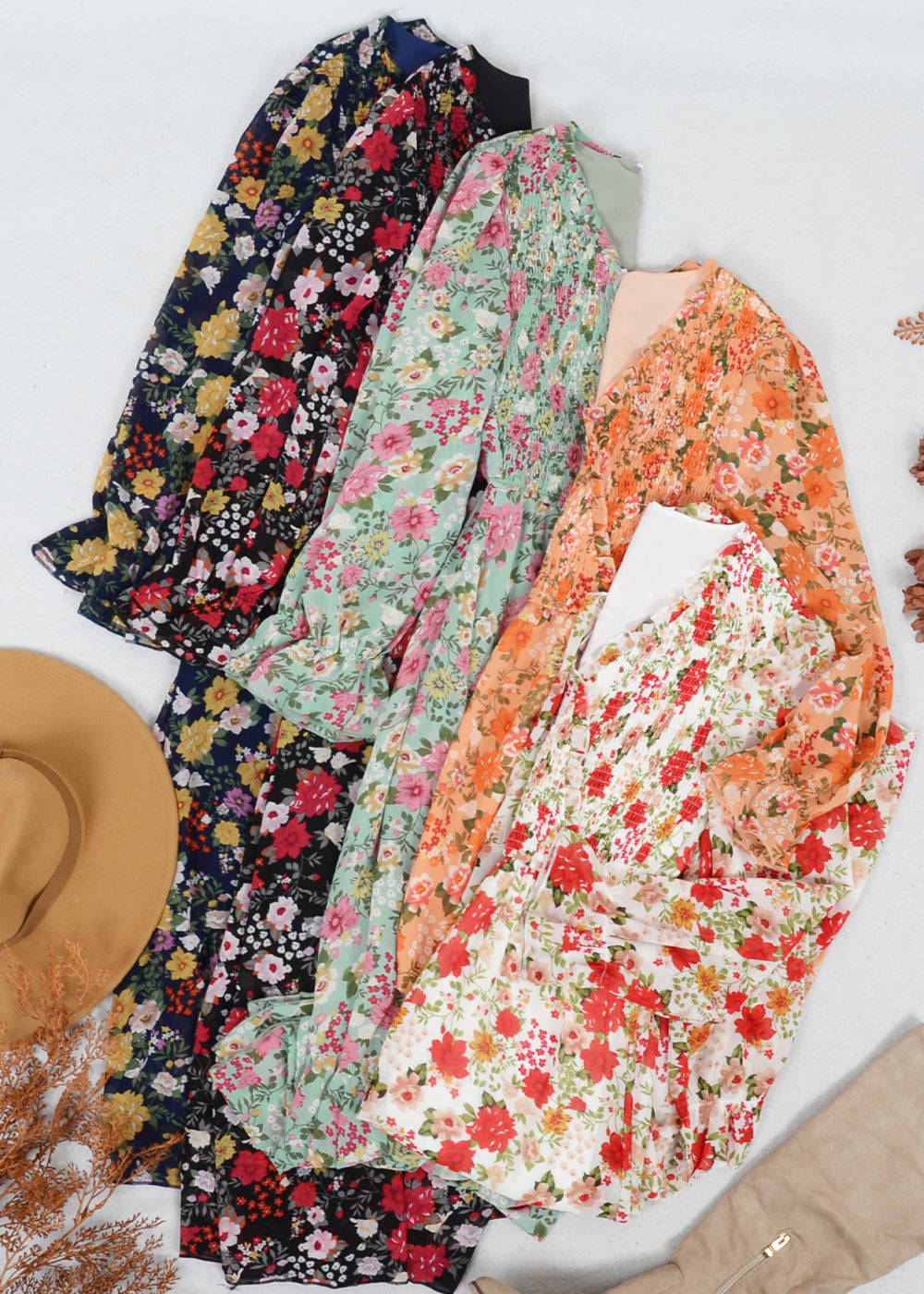 Shirred Surplice Neck Floral Dress