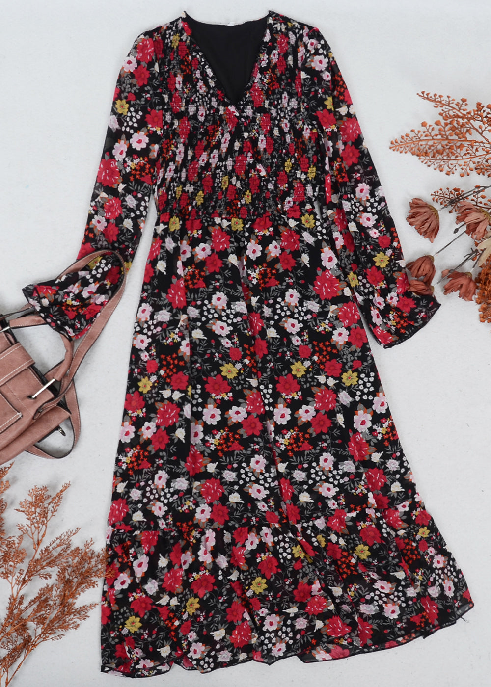 Shirred Surplice Neck Floral Dress