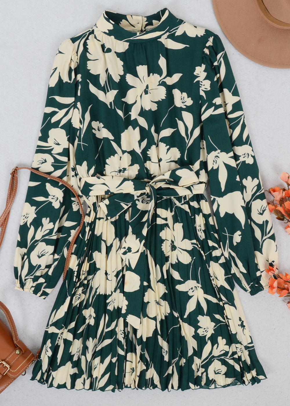 High Neck Floral Pleated Dress