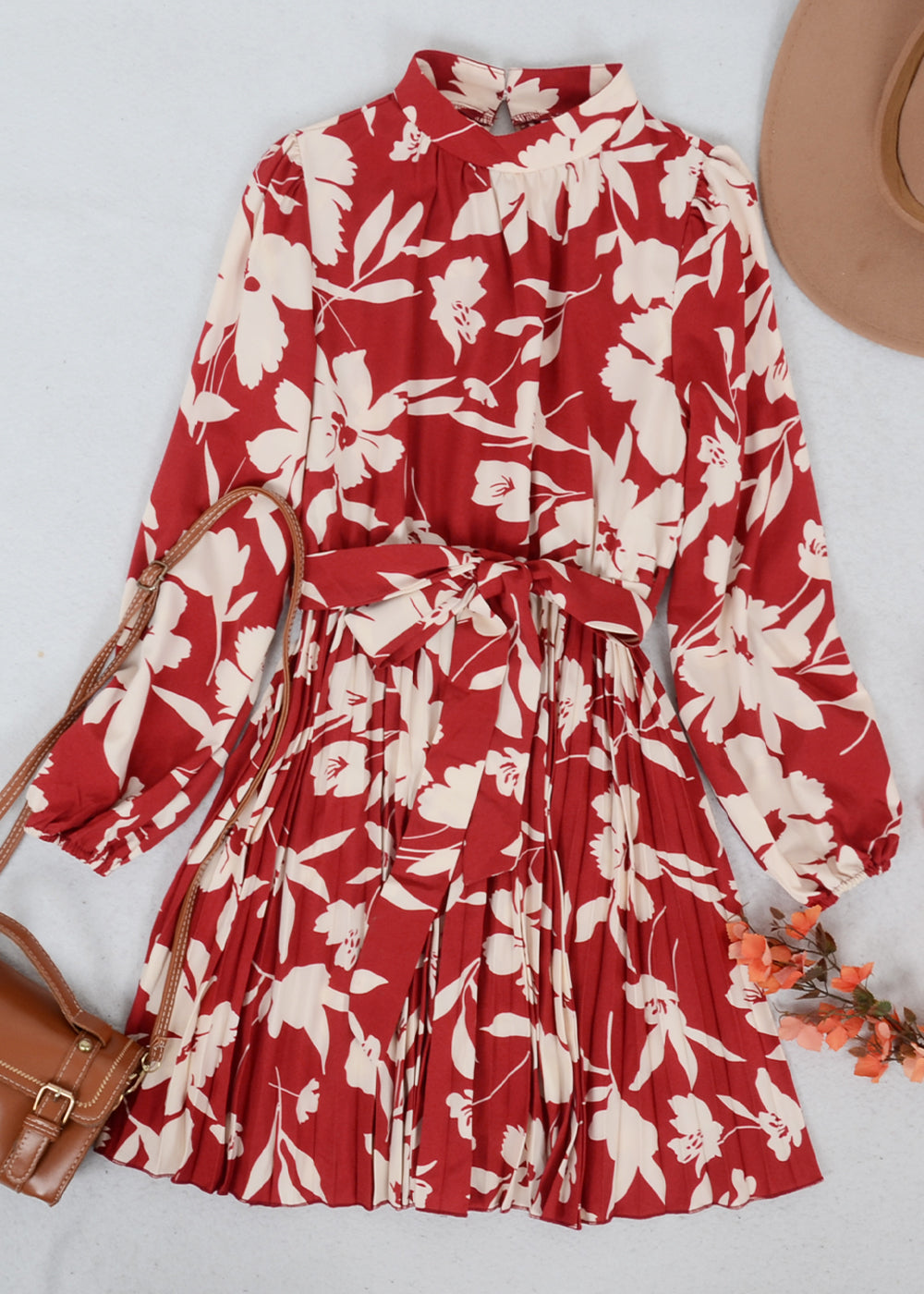 High Neck Floral Pleated Dress