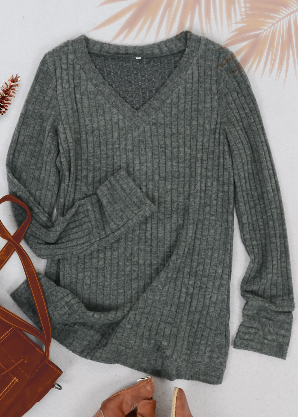 Solid Color Ribbed Knit Sweater