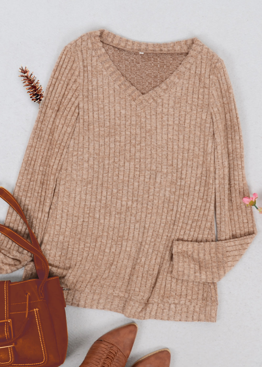 Solid Color Ribbed Knit Sweater