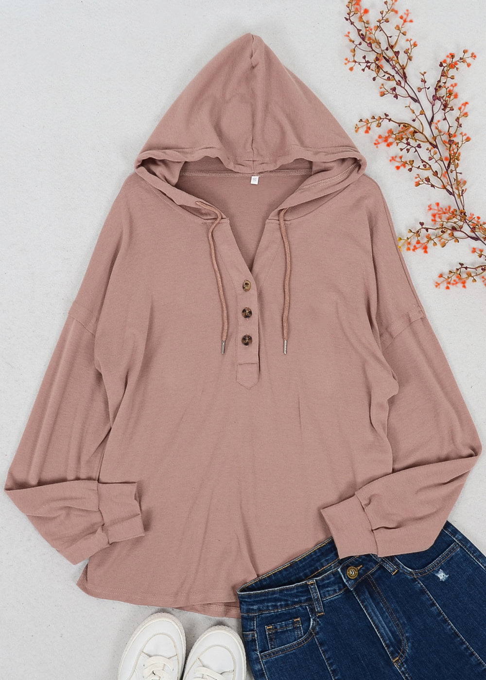 Drop Shoulder Button Front Hooded Sweater