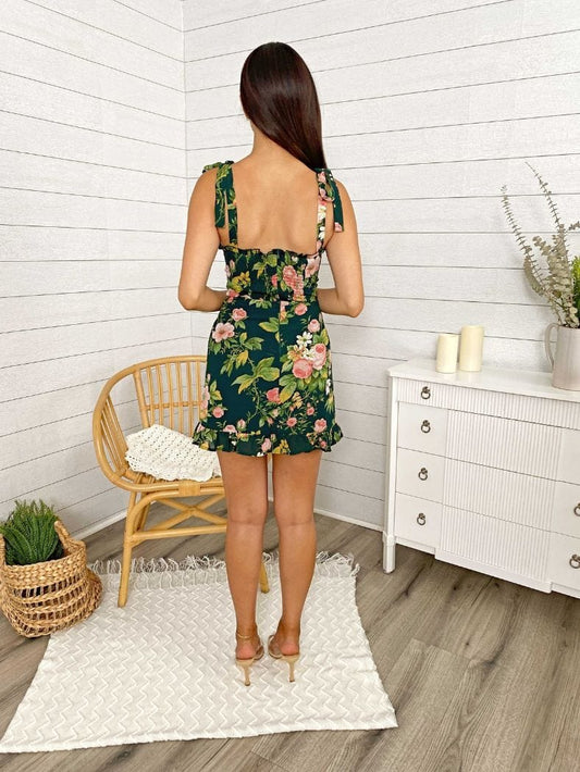 Green Floral Tie Strap Mini Ruffled Dress