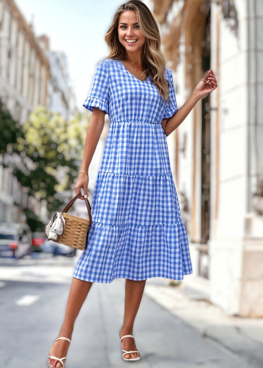 V Neck Gingham Tiered Dress