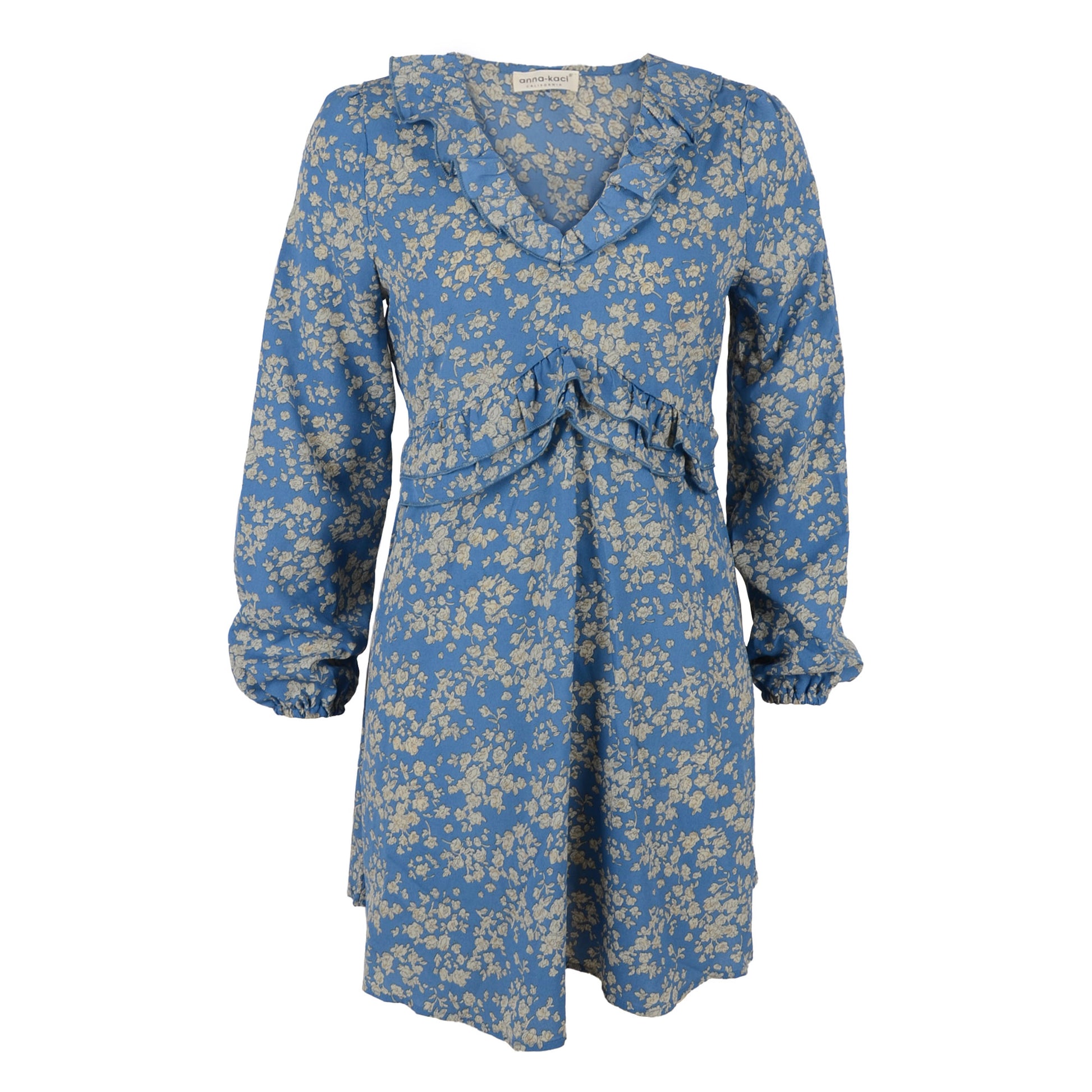 Anna-Kaci Floral Print V Neck Long Sleeve Ruffle Detail Dress for Women