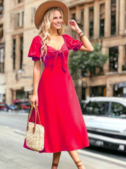 Tie Front Puff Sleeve Midi Dress