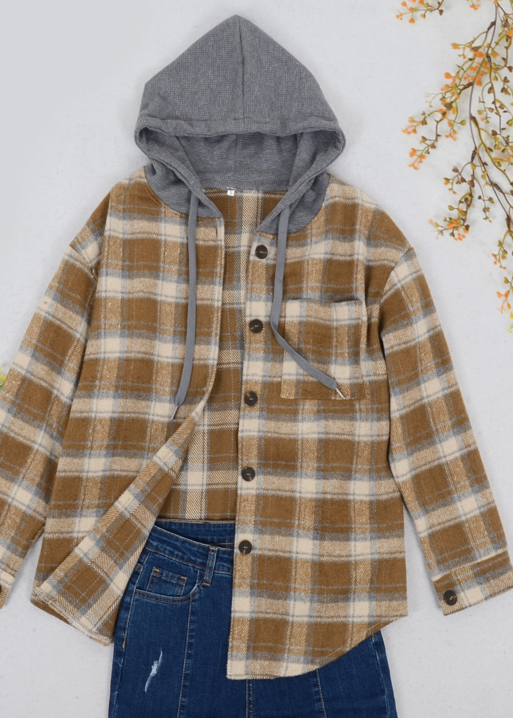 Contrast Hood Plaid Shacket