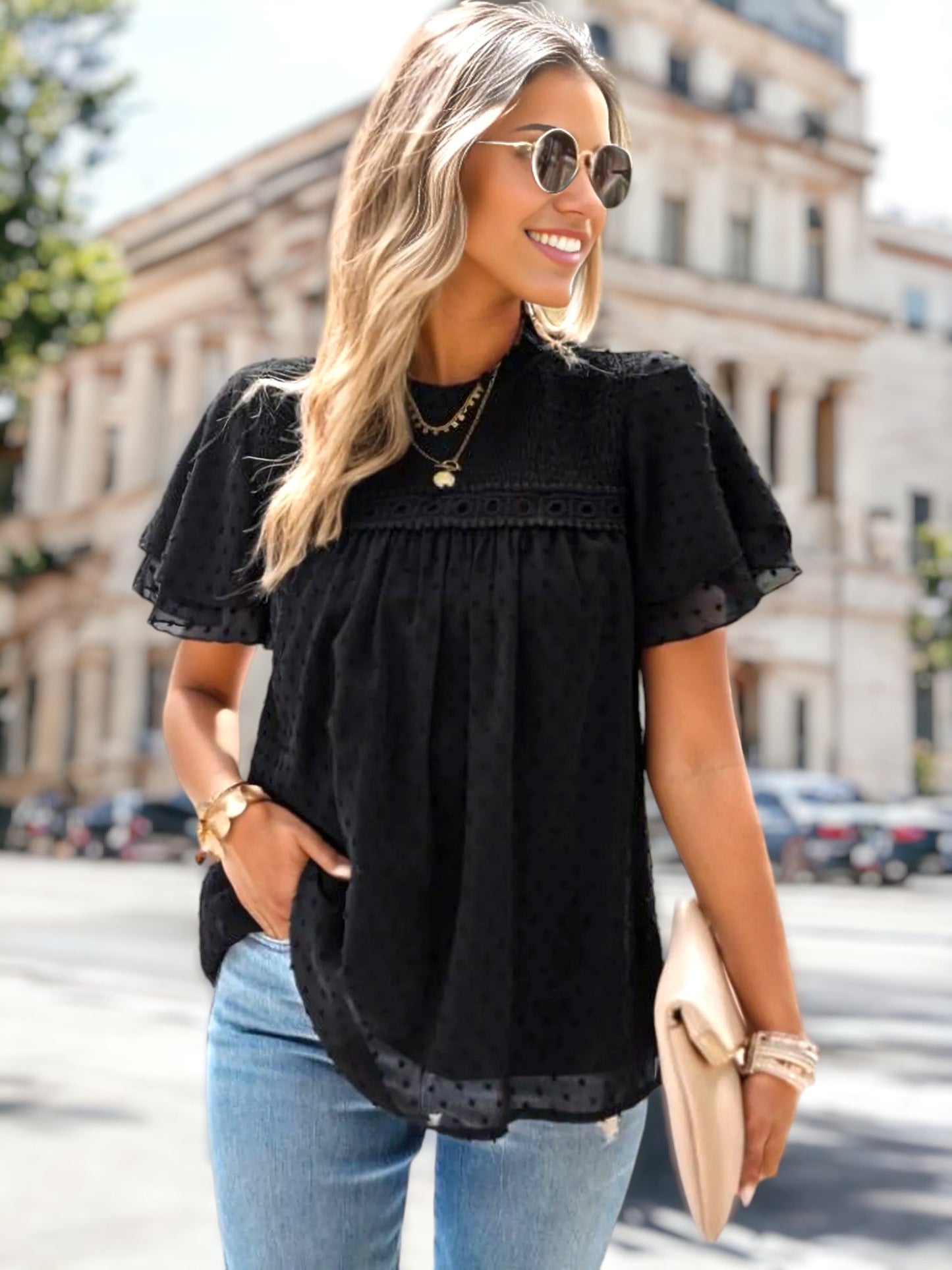 Shirred Lace Detail Blouse