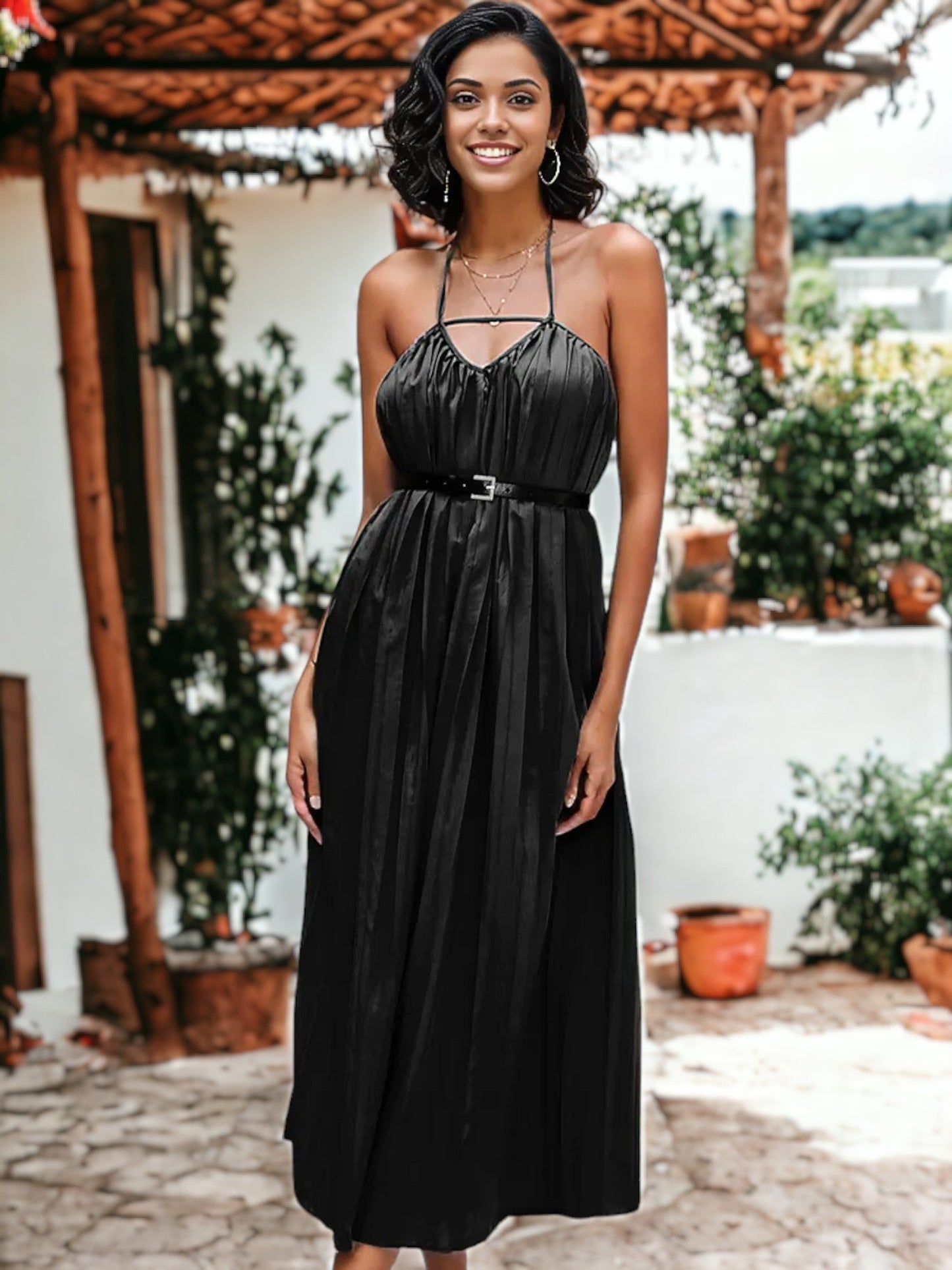 Strap V-Neck Pleated Front Midi Dress