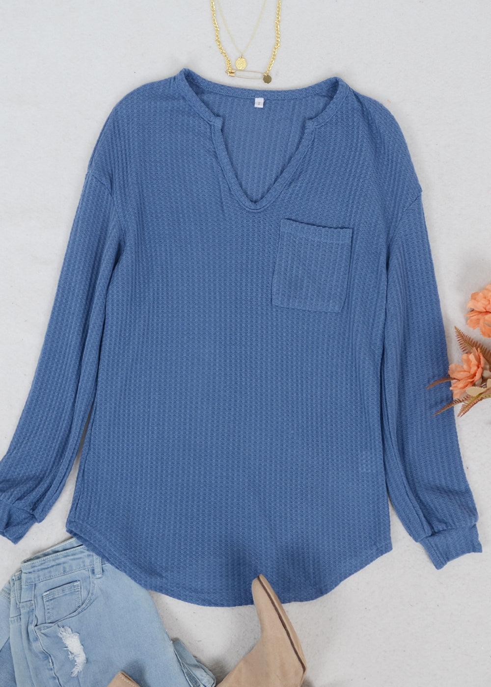 Solid Waffle Knit Patch Pocket Sweater