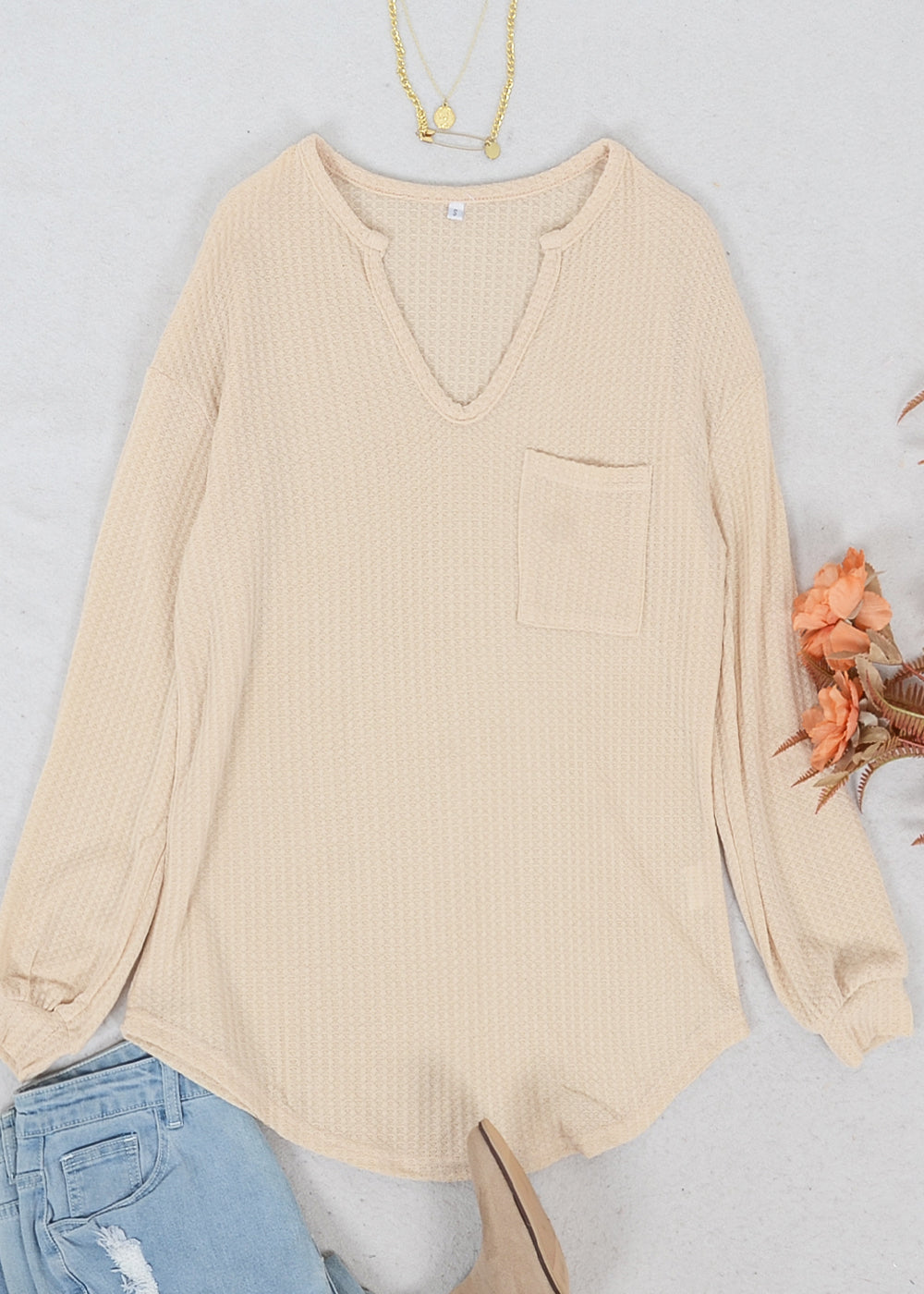 Solid Waffle Knit Patch Pocket Sweater