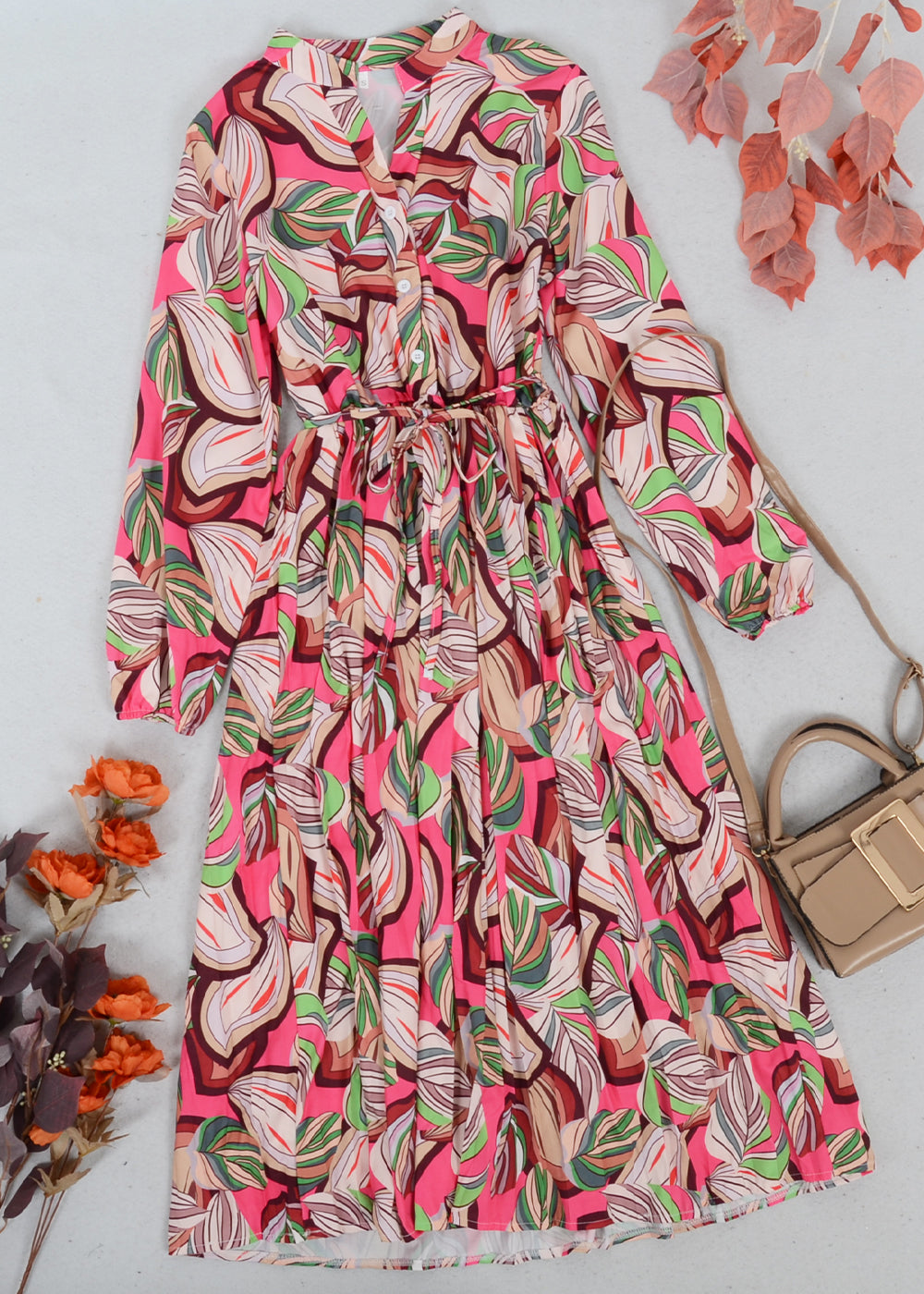 Leaf Print Button Shirt Dress