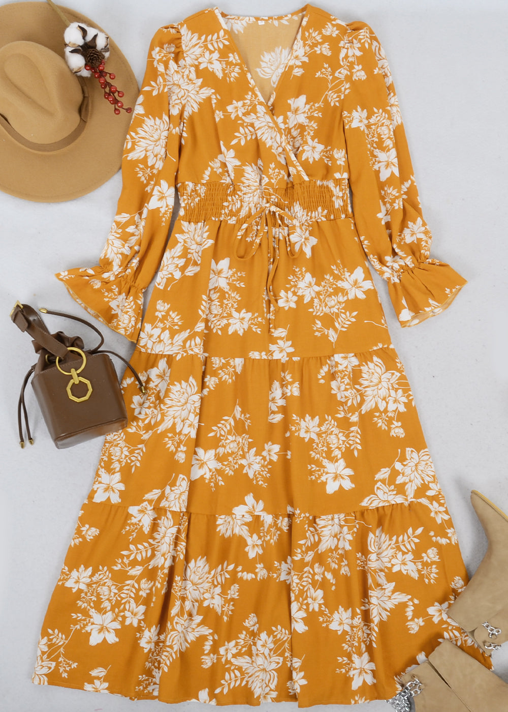 Shirred Waist Floral Print Dress