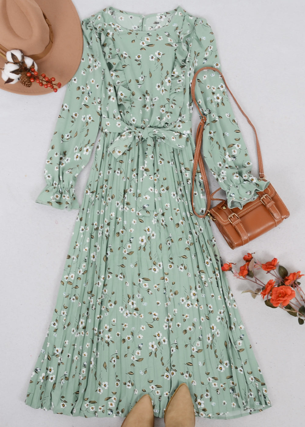 Floral Ruffle Front Pleated Dress