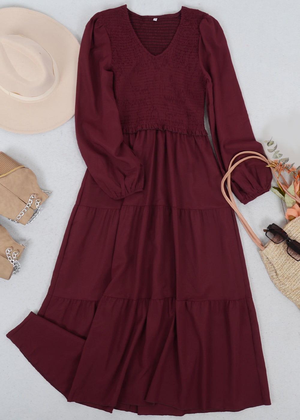 Shirred V Neck Tiered Dress