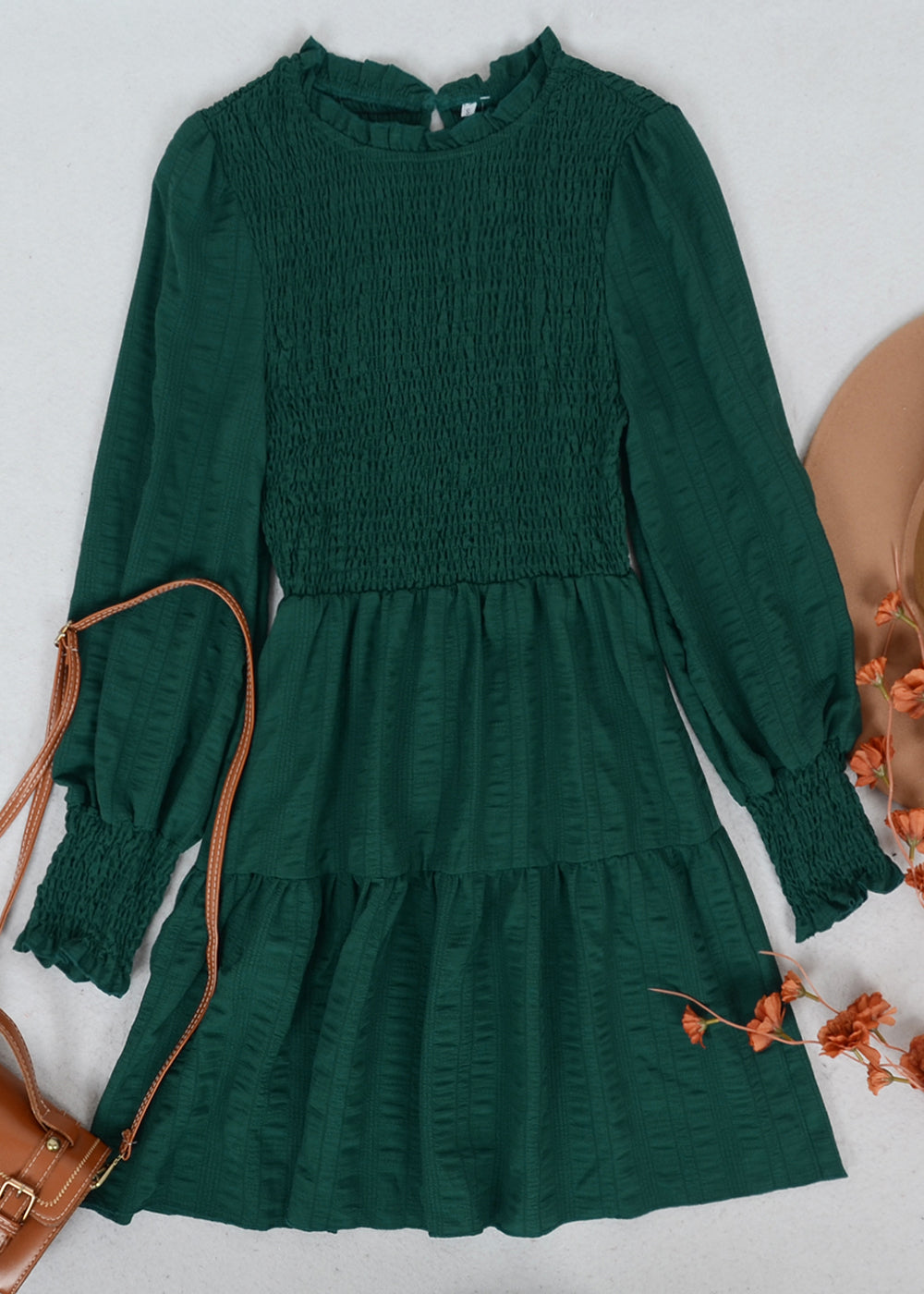 Jewel Neck Shirred Dress