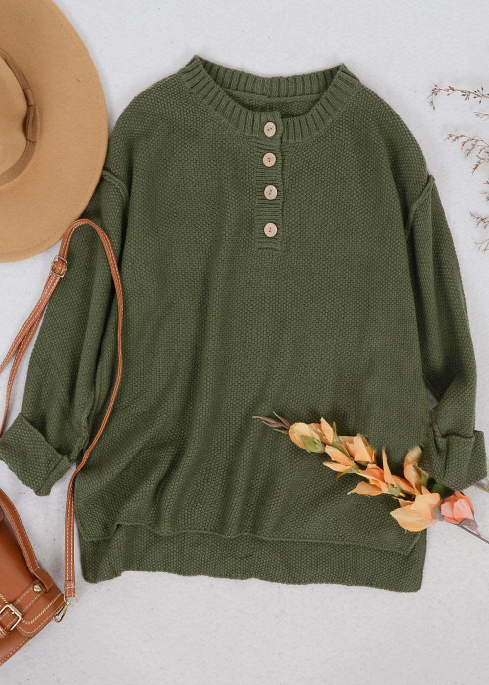 Soft Ribbed Knit Half Button Up Sweater