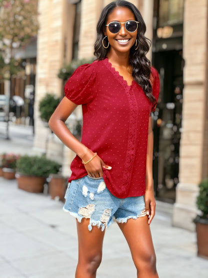 V Neck Lace Trim Puff Sleeve Blouse