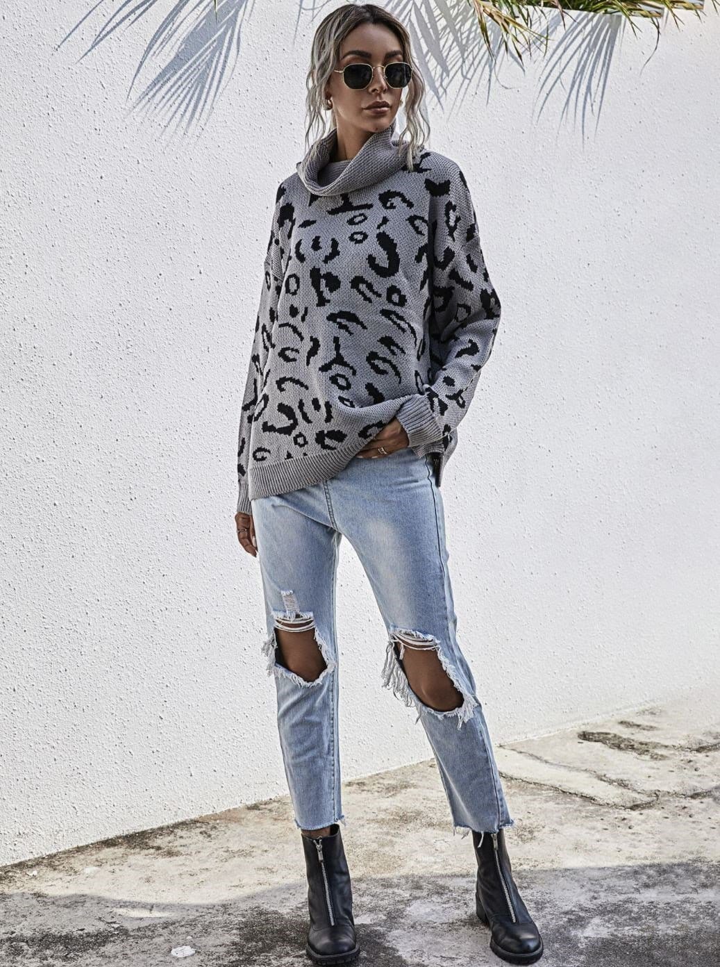 High Neck Leopard Print Sweater