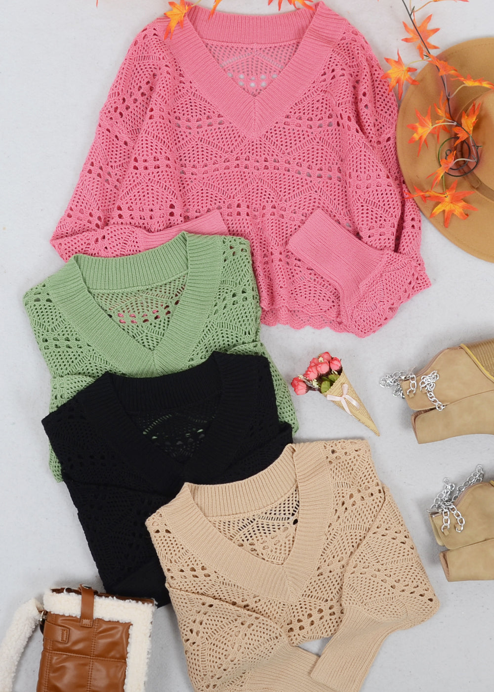 Solid Crochet Knit Semi-Sheer V-Neck Sweater