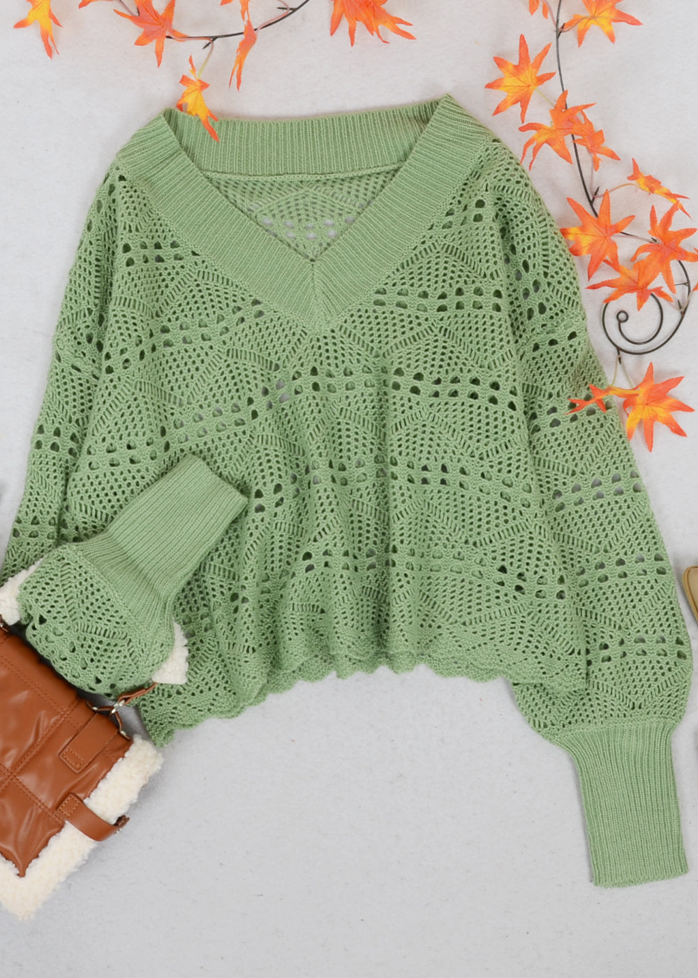 Solid Crochet Knit Semi-Sheer V-Neck Sweater