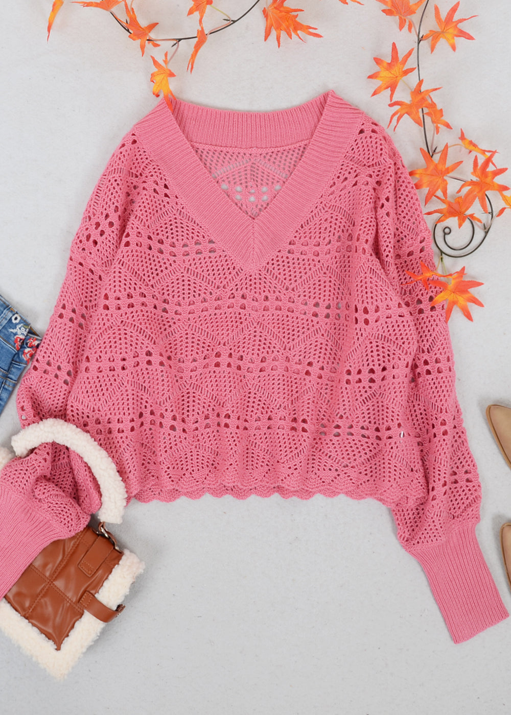 Solid Crochet Knit Semi-Sheer V-Neck Sweater