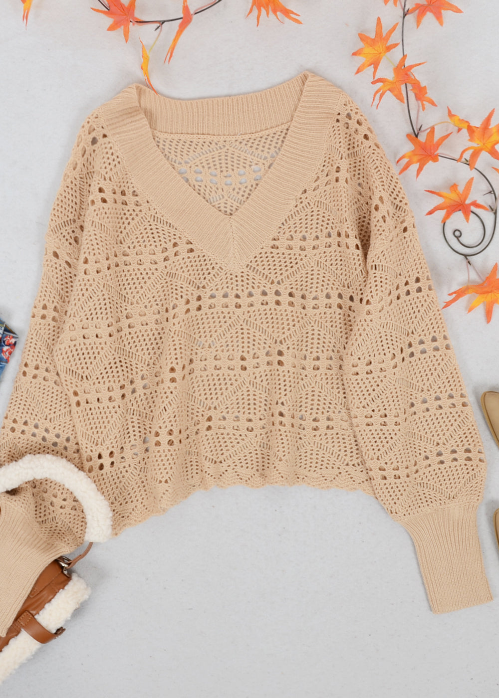 Solid Crochet Knit Semi-Sheer V-Neck Sweater