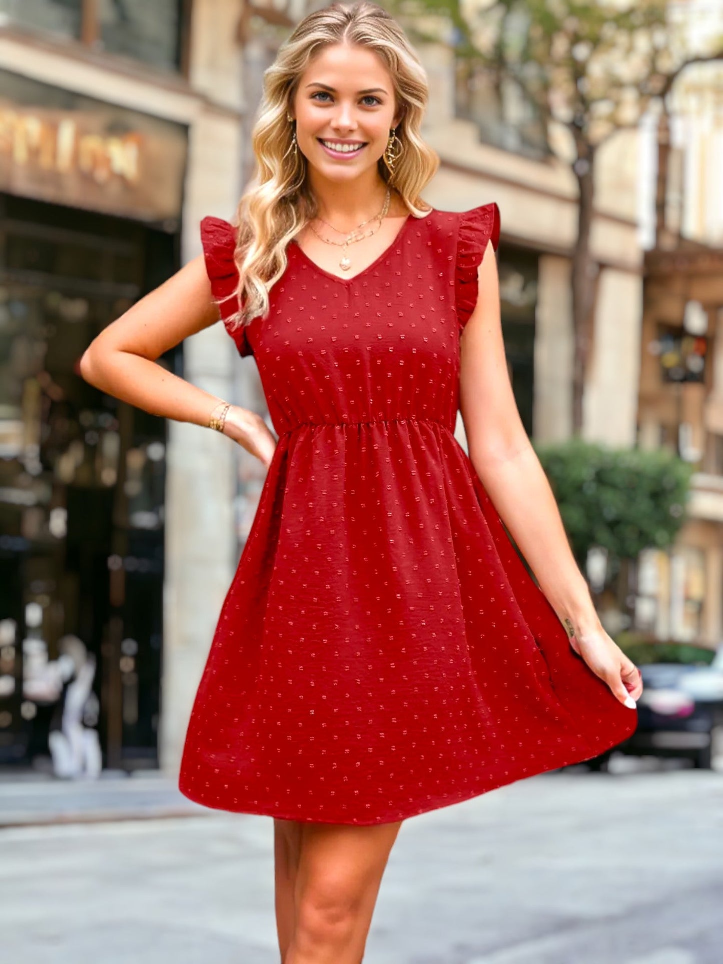 Swiss Dot Ruffle Shoulder Dress