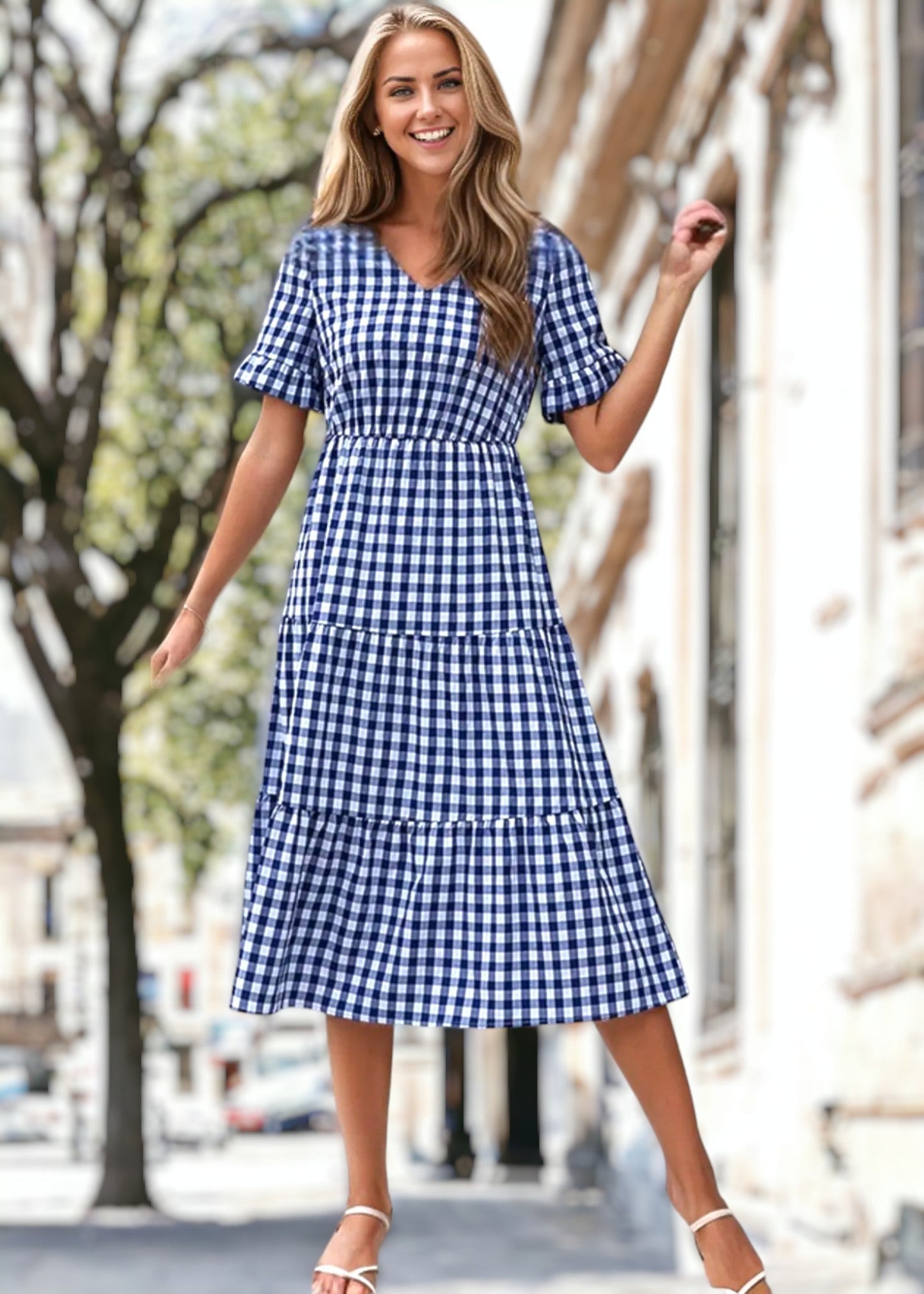 V Neck Gingham Tiered Dress