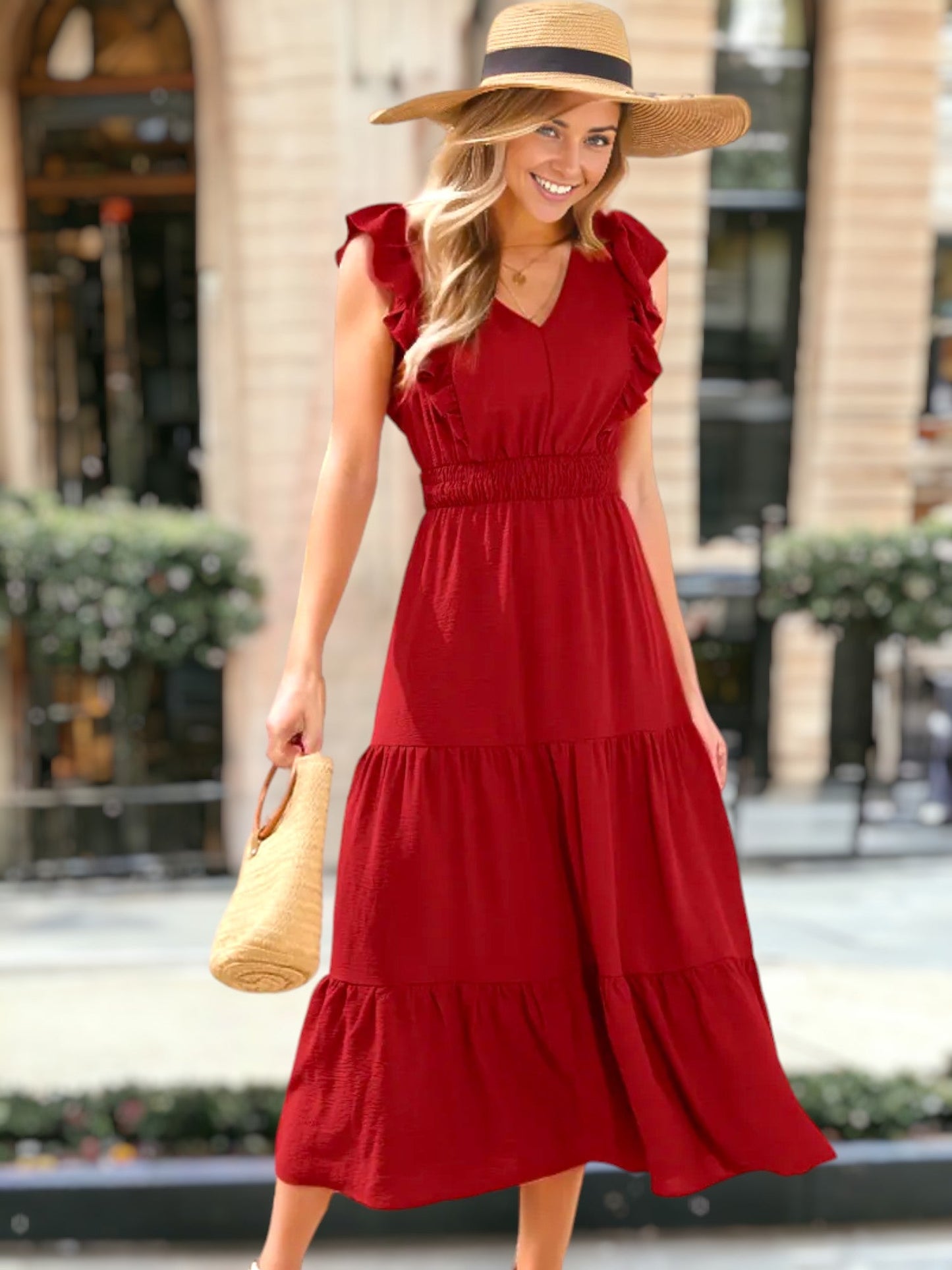 V Neck Ruffle Detail Tiered Dress