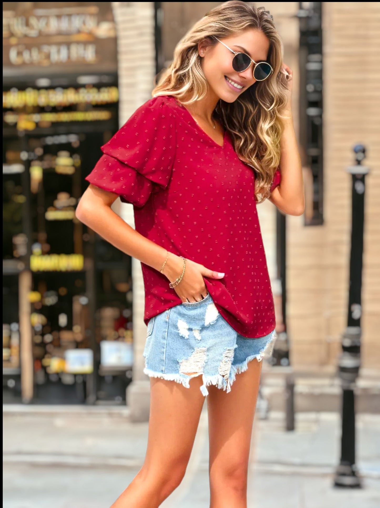 V Neck Double Puff Sleeve Blouse