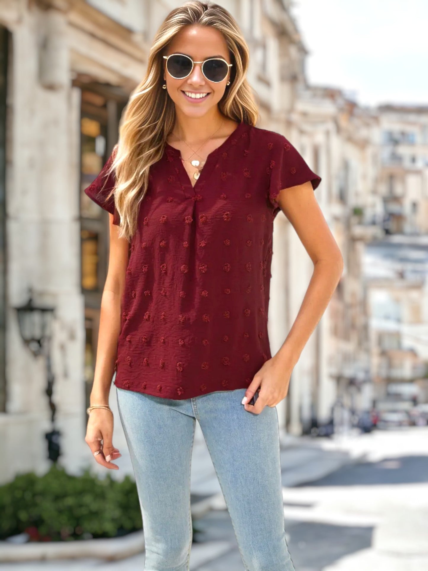 Split V Neck Flutter Sleeve Blouse