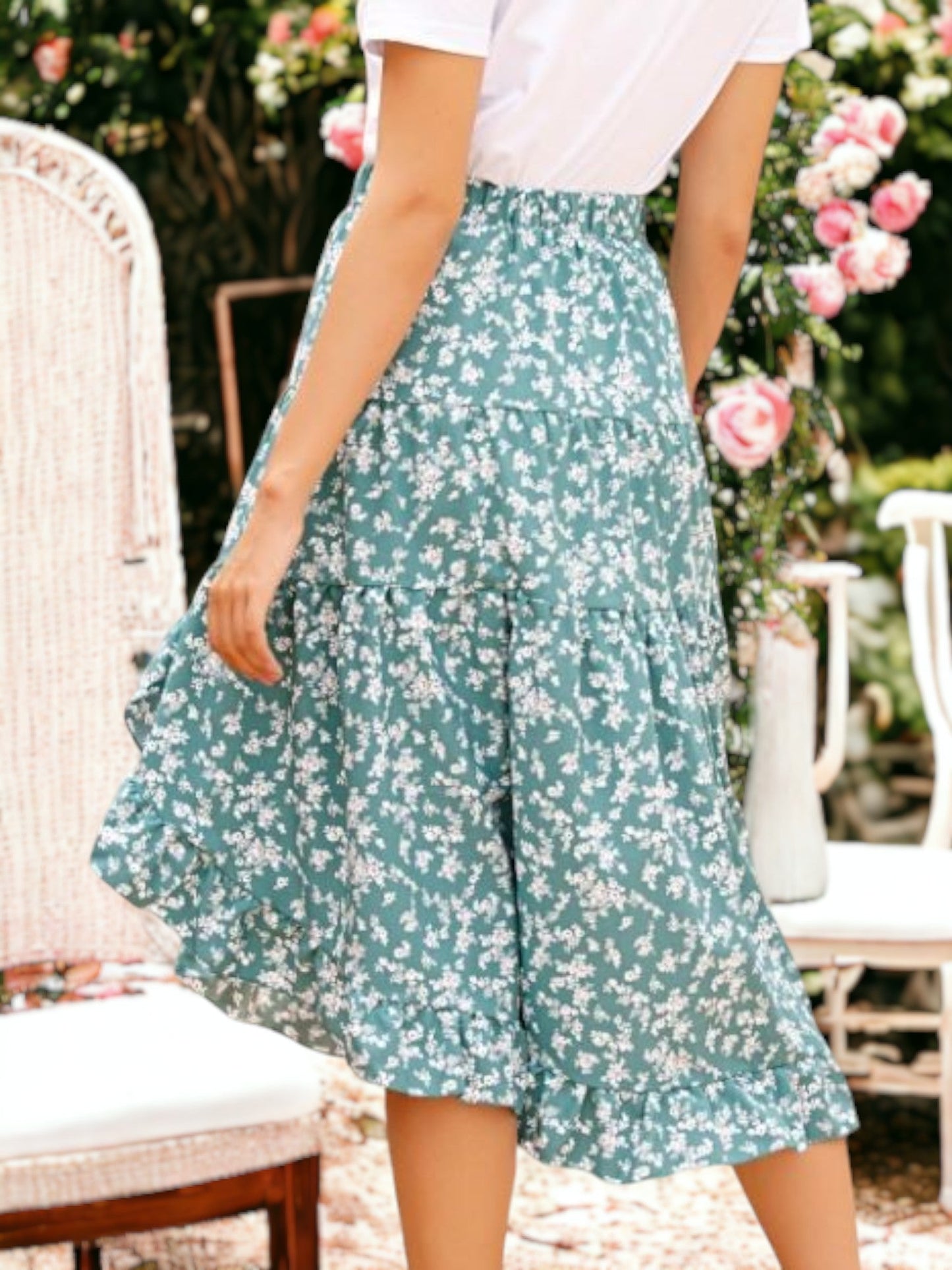 Floral Asymmetrical Hem Tiered Skirt