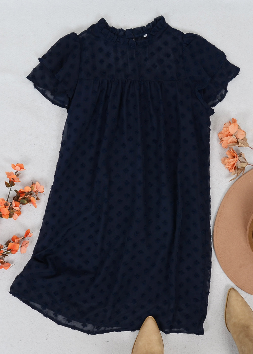 Floral Embroidered Ruffle Neck Dress