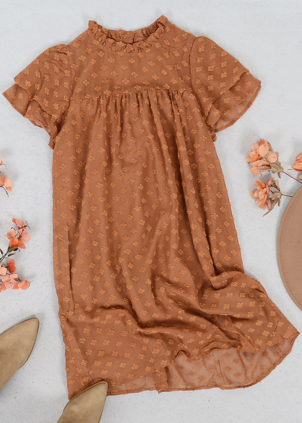 Floral Embroidered Ruffle Neck Dress