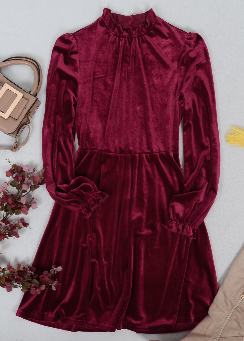 Velvet Ruffle Neck Dress