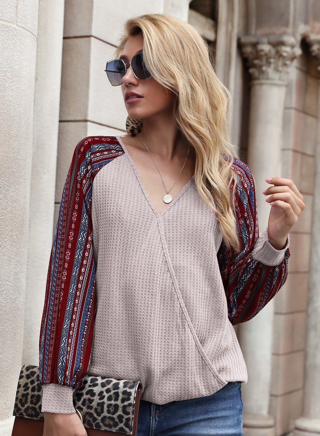 Two Tone Surplice V Neck Sweater