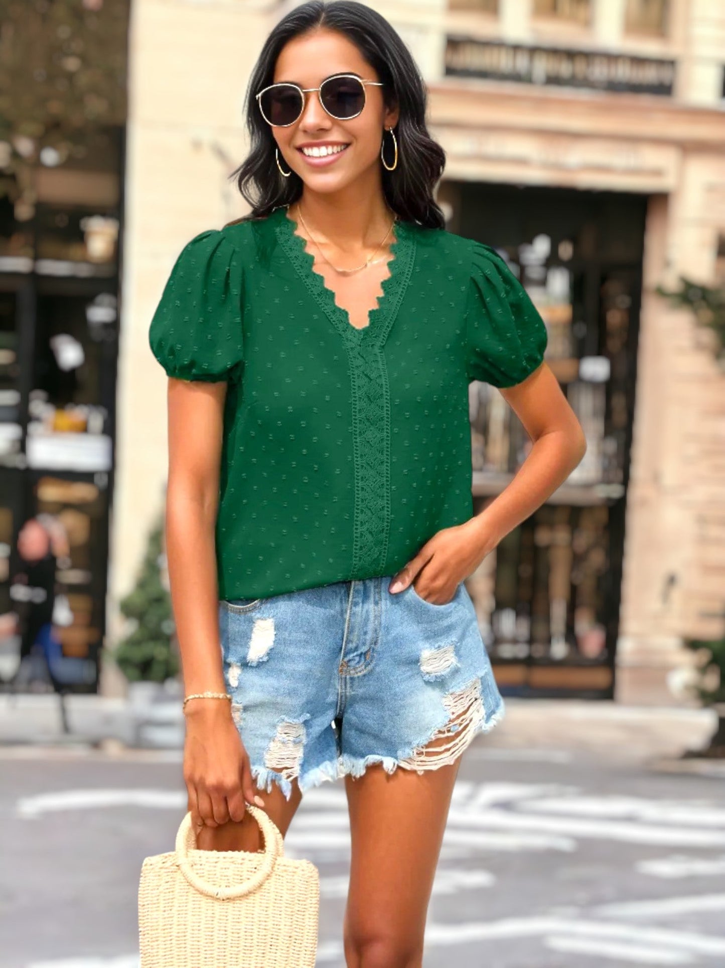 V Neck Lace Trim Puff Sleeve Blouse