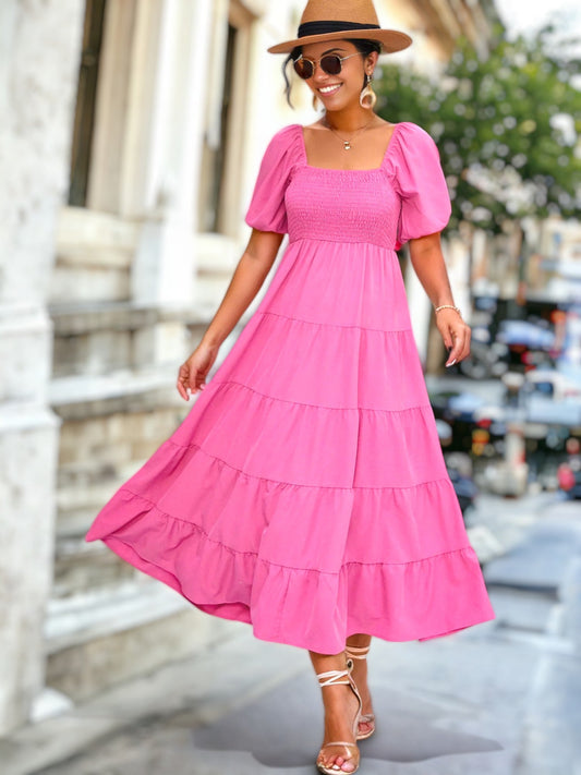 Square Neck Puff Sleeve Midi Dress