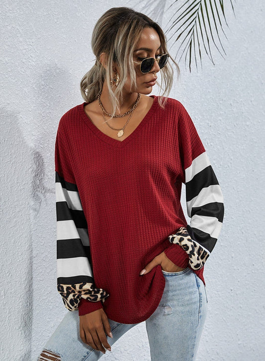 Striped and Leopard Pattern Contrast Sweater