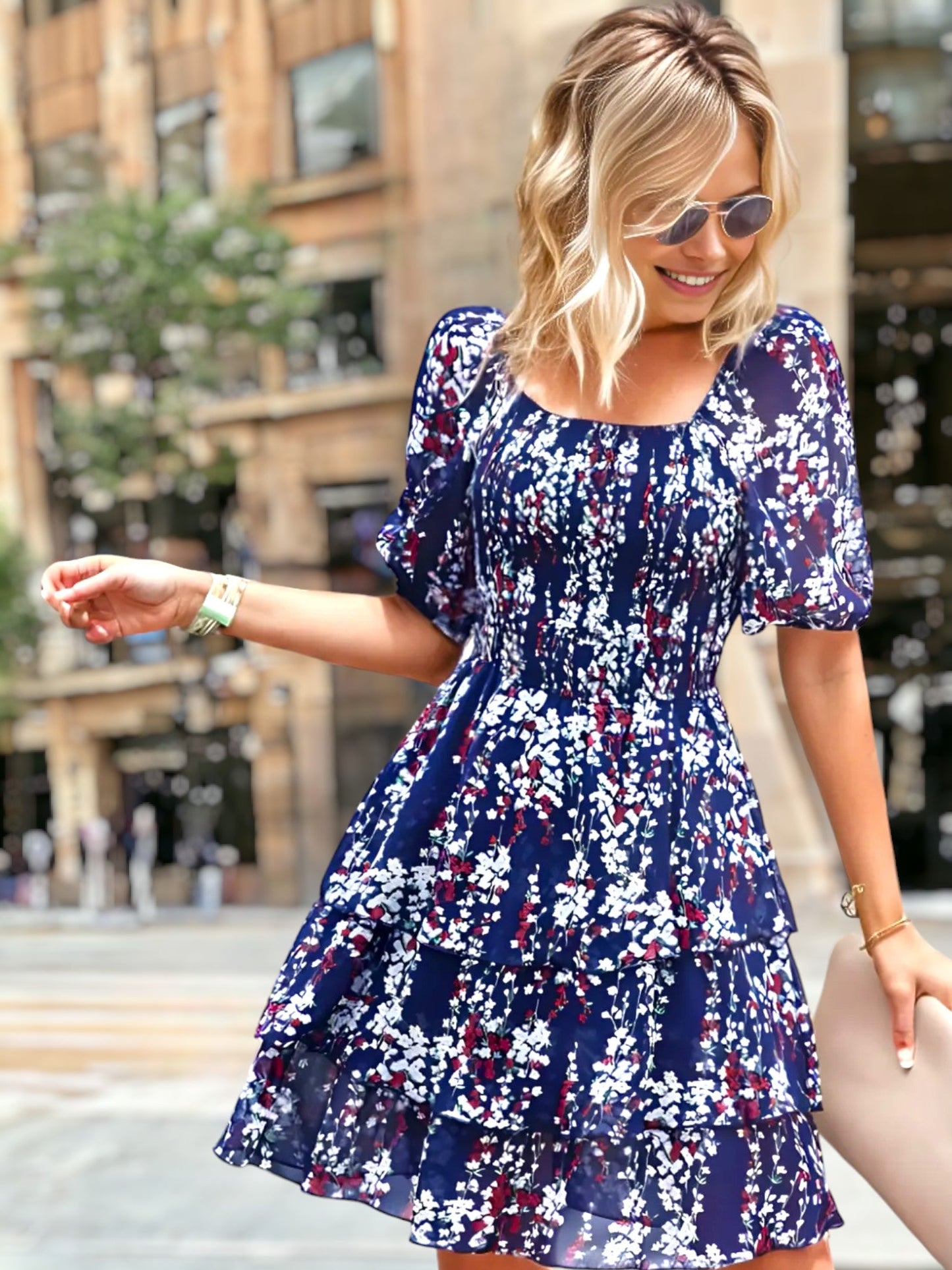 Square Neck Floral Print Tiered Dress