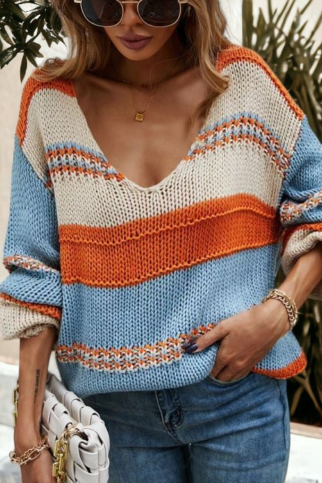 V Neck Color Block Textured Sweater