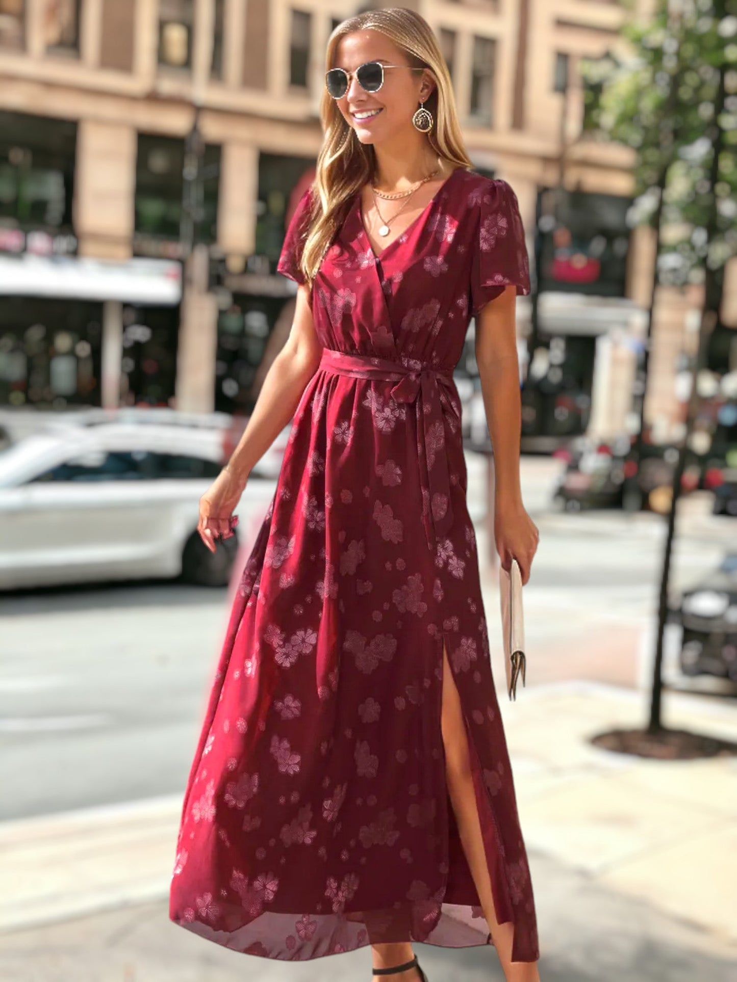 Floral Sheer Detail Wrap Dress