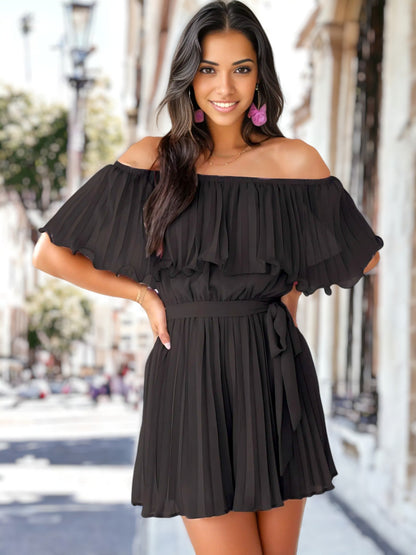 Solid Off-Shoulder Pleated Dress