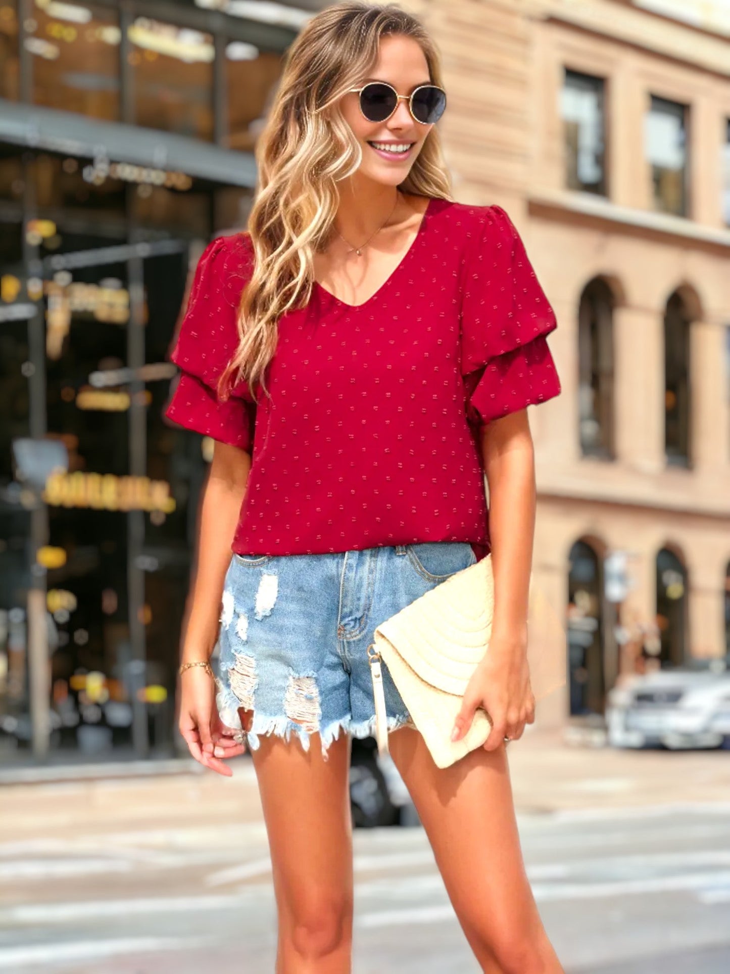 V Neck Double Puff Sleeve Blouse